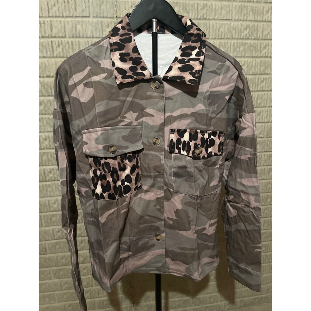 Womens‎ Camo Leopard Print Button Up Shirt Jacket Long Sleeve Size M